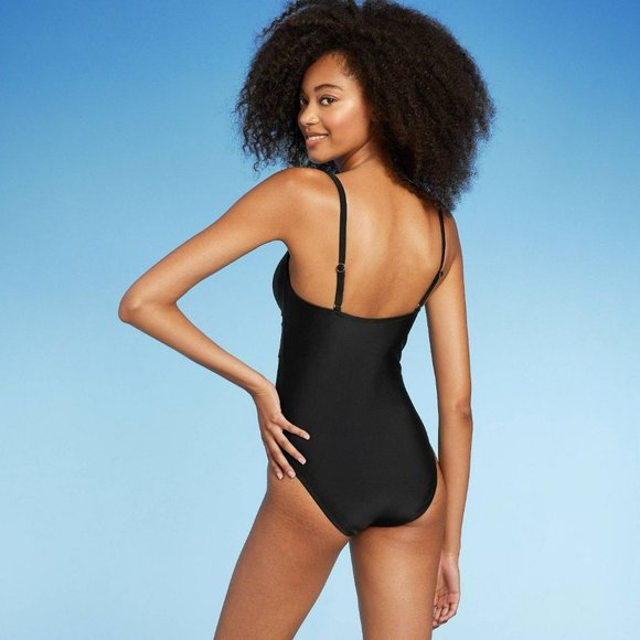 Women's Mesh Front One Piece Swimsuit Shade & Shore Black Small - Picture 3 of 7